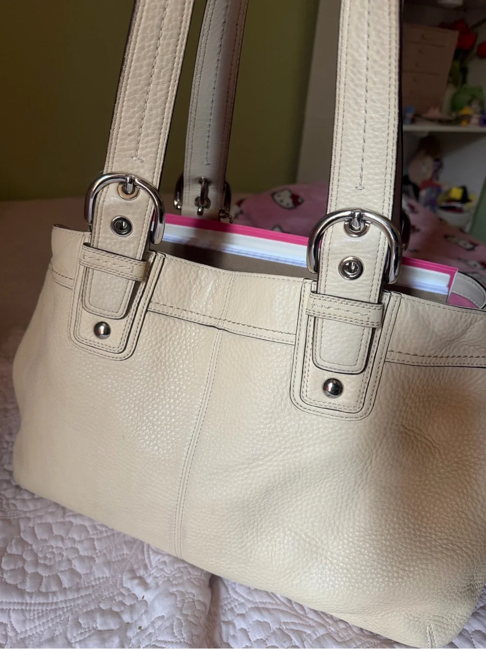 Cream Leather Tote Bag with Pink Interior